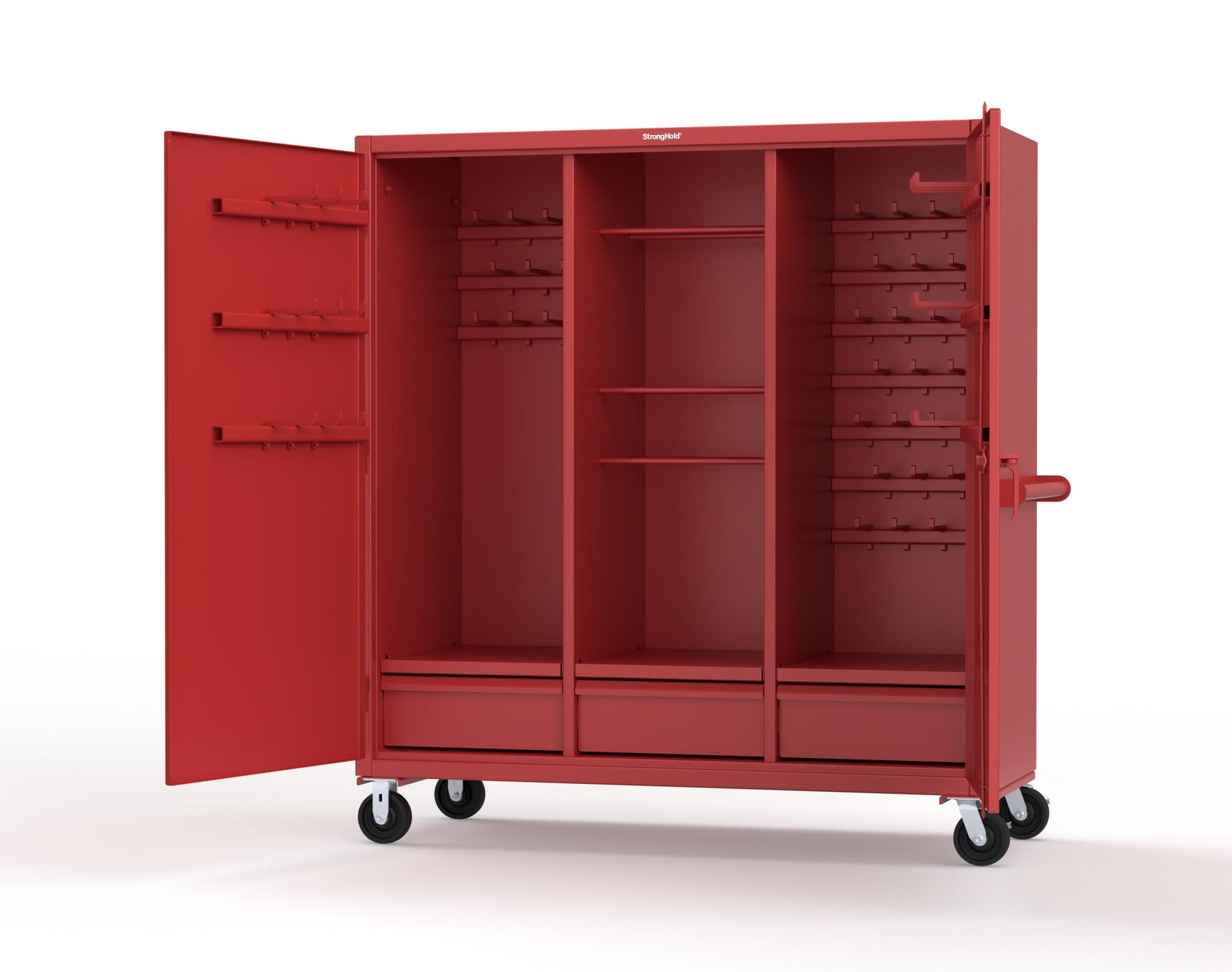 Extreme Duty 12 GA Mobile Rigging Cabinet with Welded Hooks, 3 Drawers, Hanger Rods - 72 in. W x 30 in. D x 80 in. H - 66-303-3DB-RODS-HKS-CA-3001