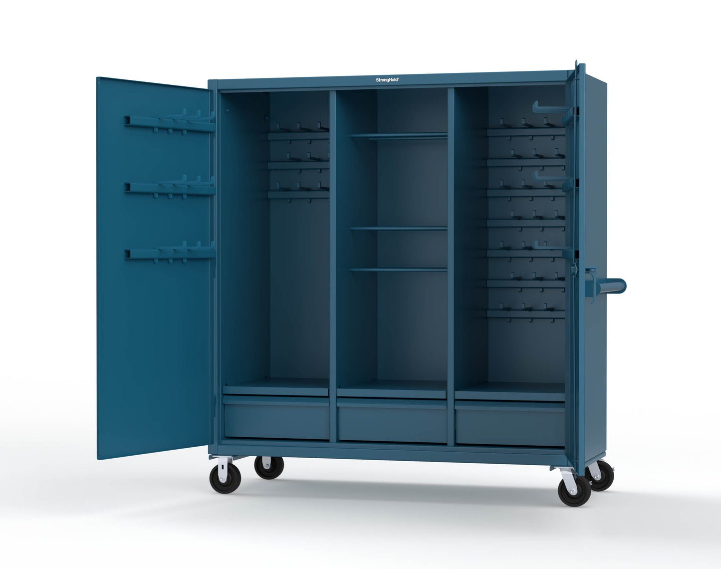 Extreme Duty 12 GA Mobile Rigging Cabinet with Welded Hooks, 3 Drawers, Hanger Rods - 72 in. W x 30 in. D x 80 in. H - 66-303-3DB-RODS-HKS-CA-5001
