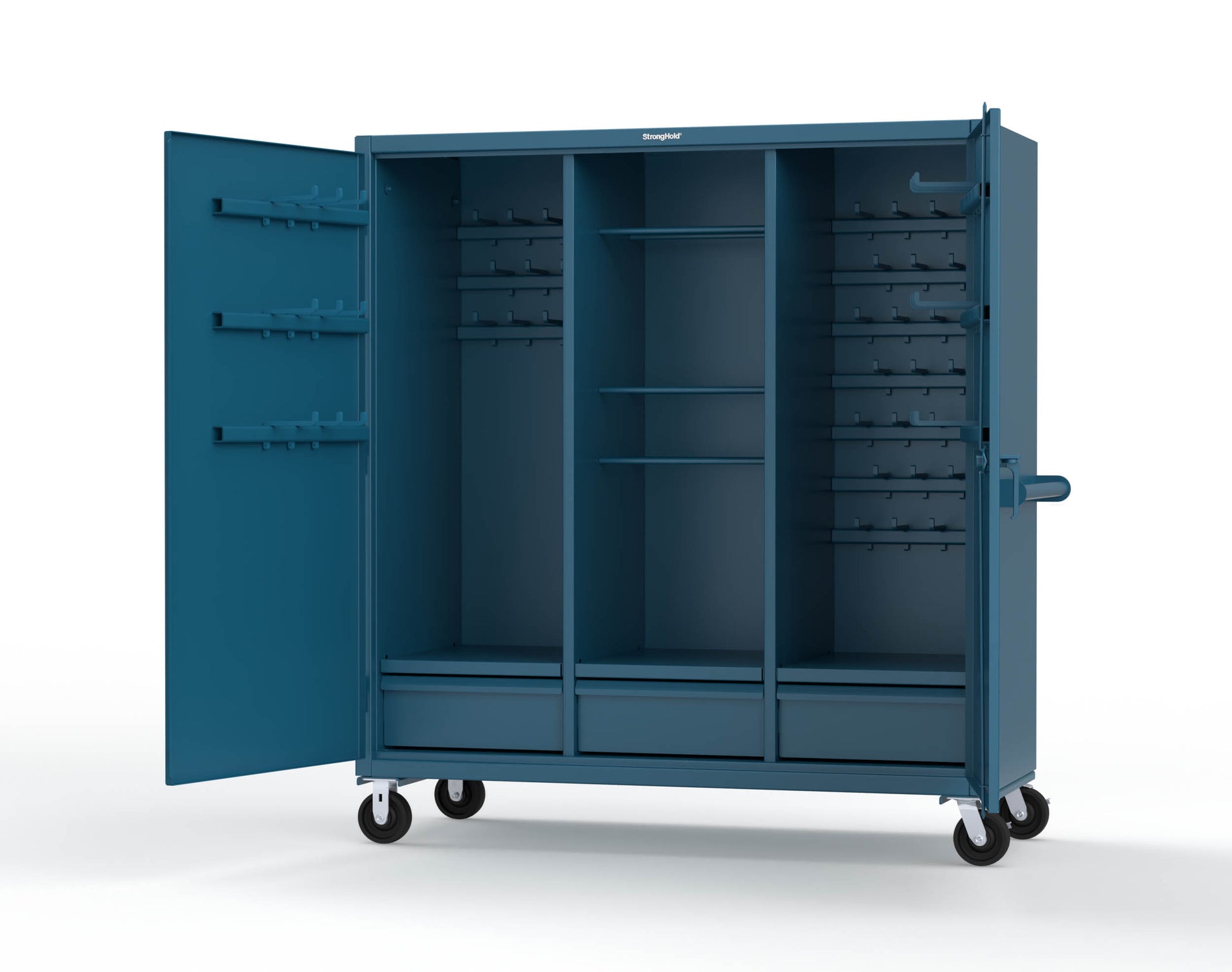 Extreme Duty 12 GA Mobile Rigging Cabinet with Welded Hooks, 3 Drawers, Hanger Rods - 72 in. W x 30 in. D x 80 in. H - 66-303-3DB-RODS-HKS-CA-5001