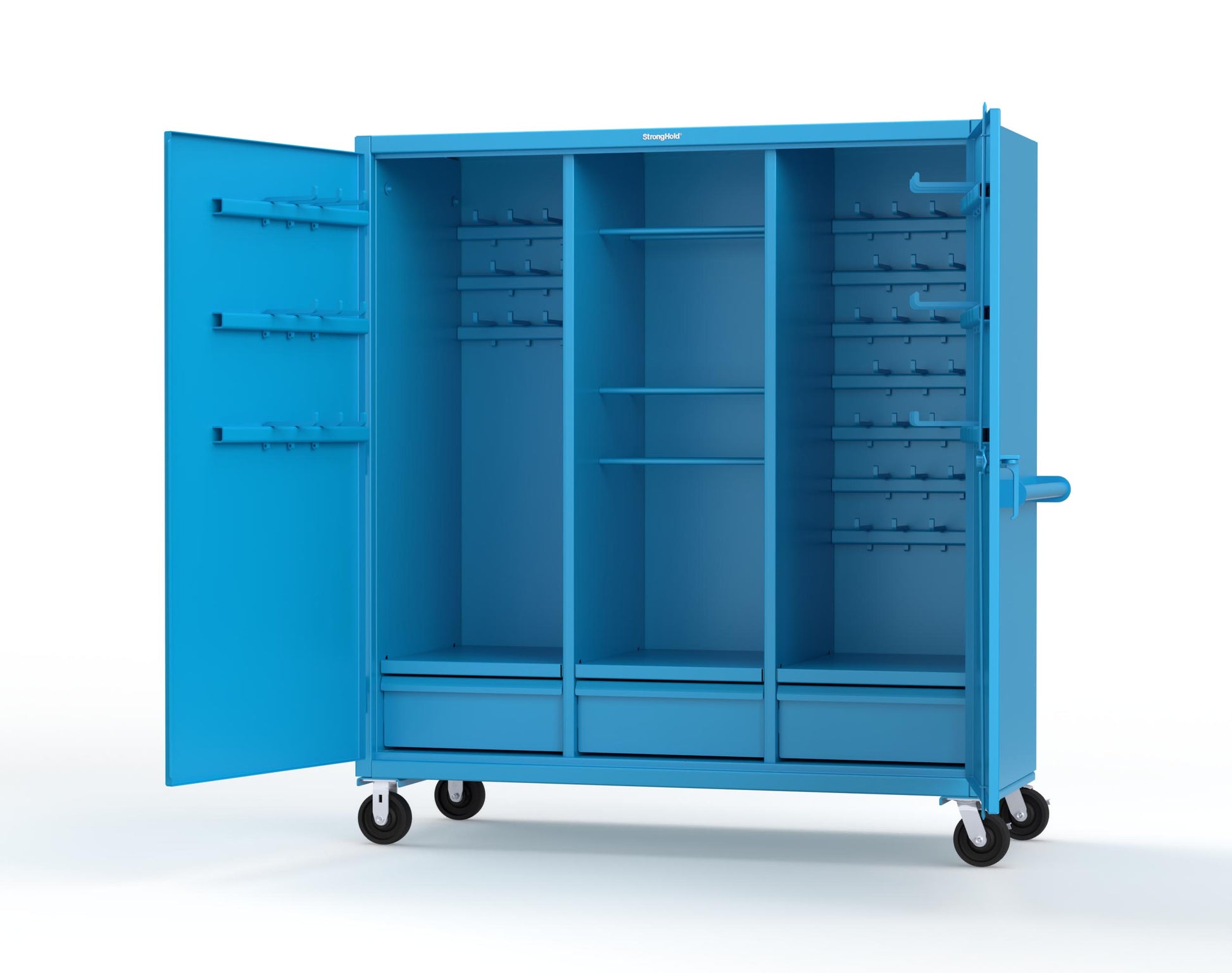 Extreme Duty 12 GA Mobile Rigging Cabinet with Welded Hooks, 3 Drawers, Hanger Rods - 72 in. W x 30 in. D x 80 in. H - 66-303-3DB-RODS-HKS-CA-5012