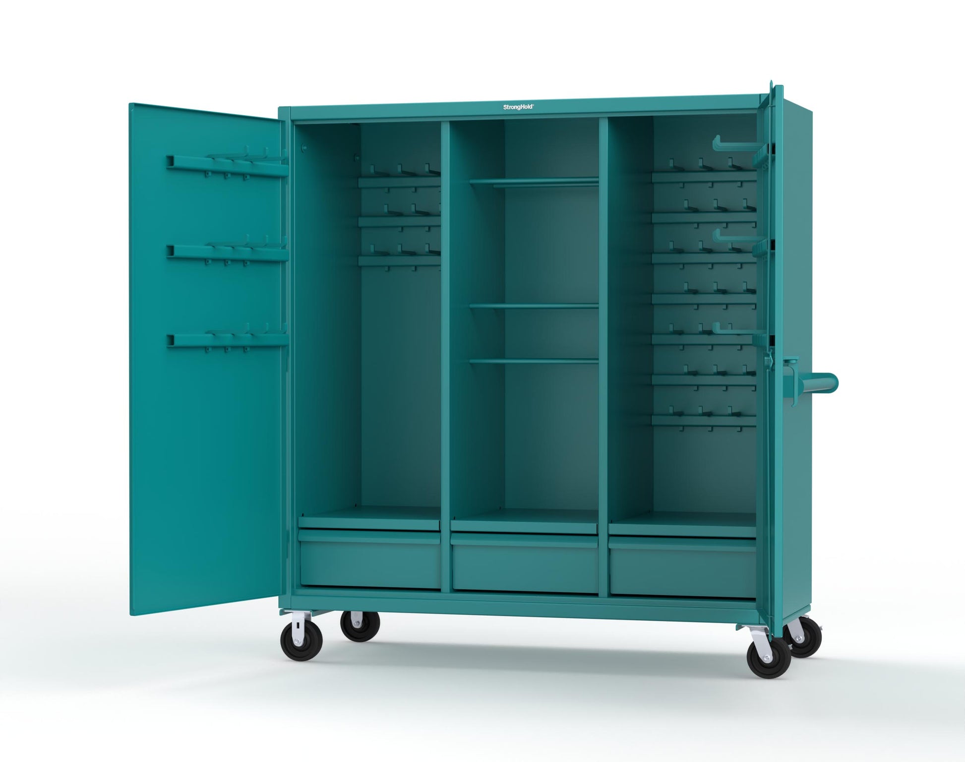 Extreme Duty 12 GA Mobile Rigging Cabinet with Welded Hooks, 3 Drawers, Hanger Rods - 72 in. W x 30 in. D x 80 in. H - 66-303-3DB-RODS-HKS-CA-5021