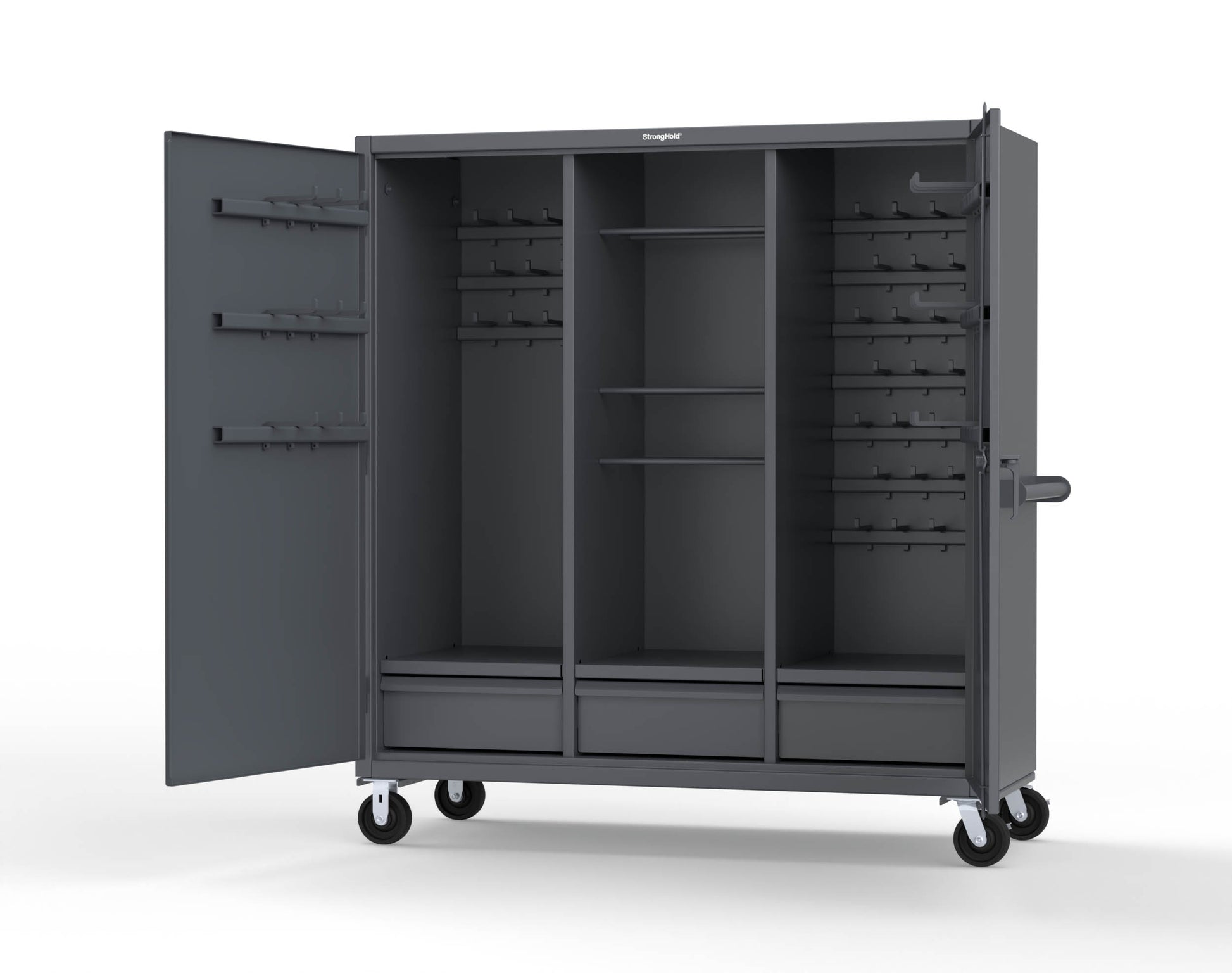 Extreme Duty 12 GA Mobile Rigging Cabinet with Welded Hooks, 3 Drawers, Hanger Rods - 72 in. W x 30 in. D x 80 in. H - 66-303-3DB-RODS-HKS-CA-7024