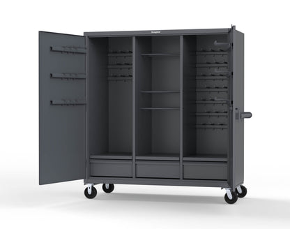 Extreme Duty 12 GA Mobile Rigging Cabinet with Welded Hooks, 3 Drawers, Hanger Rods - 72 in. W x 30 in. D x 80 in. H - 66-303-3DB-RODS-HKS-CA-7024