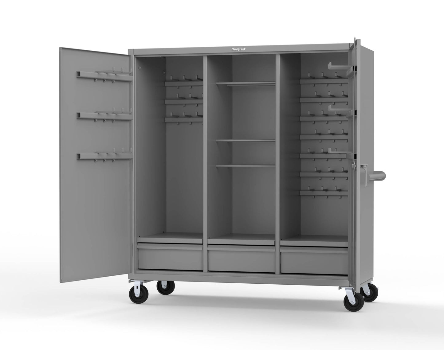 Extreme Duty 12 GA Mobile Rigging Cabinet with Welded Hooks, 3 Drawers, Hanger Rods - 72 in. W x 30 in. D x 80 in. H - 66-303-3DB-RODS-HKS-CA-7037