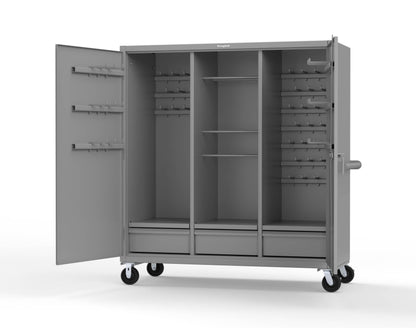 Extreme Duty 12 GA Mobile Rigging Cabinet with Welded Hooks, 3 Drawers, Hanger Rods - 72 in. W x 30 in. D x 80 in. H - 66-303-3DB-RODS-HKS-CA-7037