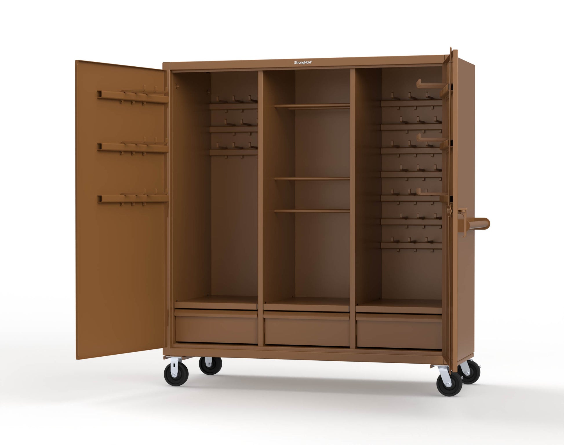 Extreme Duty 12 GA Mobile Rigging Cabinet with Welded Hooks, 3 Drawers, Hanger Rods - 72 in. W x 30 in. D x 80 in. H - 66-303-3DB-RODS-HKS-CA-8008