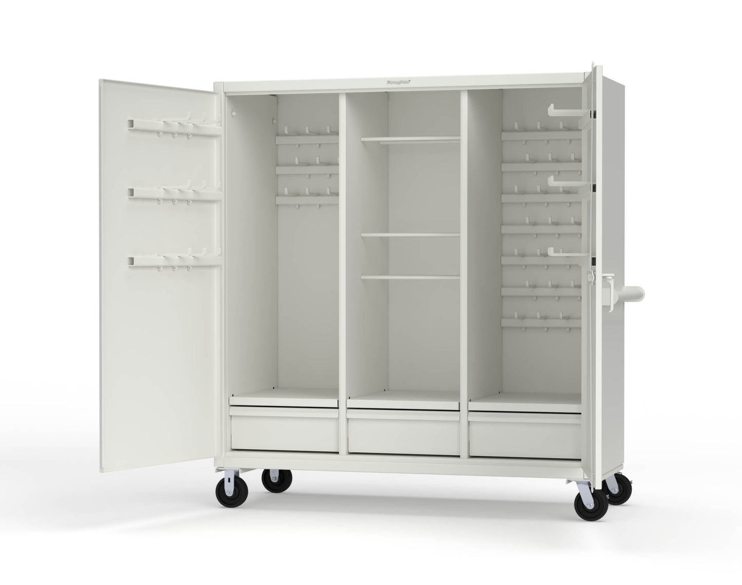 Extreme Duty 12 GA Mobile Rigging Cabinet with Welded Hooks, 3 Drawers, Hanger Rods - 72 in. W x 30 in. D x 80 in. H - 66-303-3DB-RODS-HKS-CA-9003
