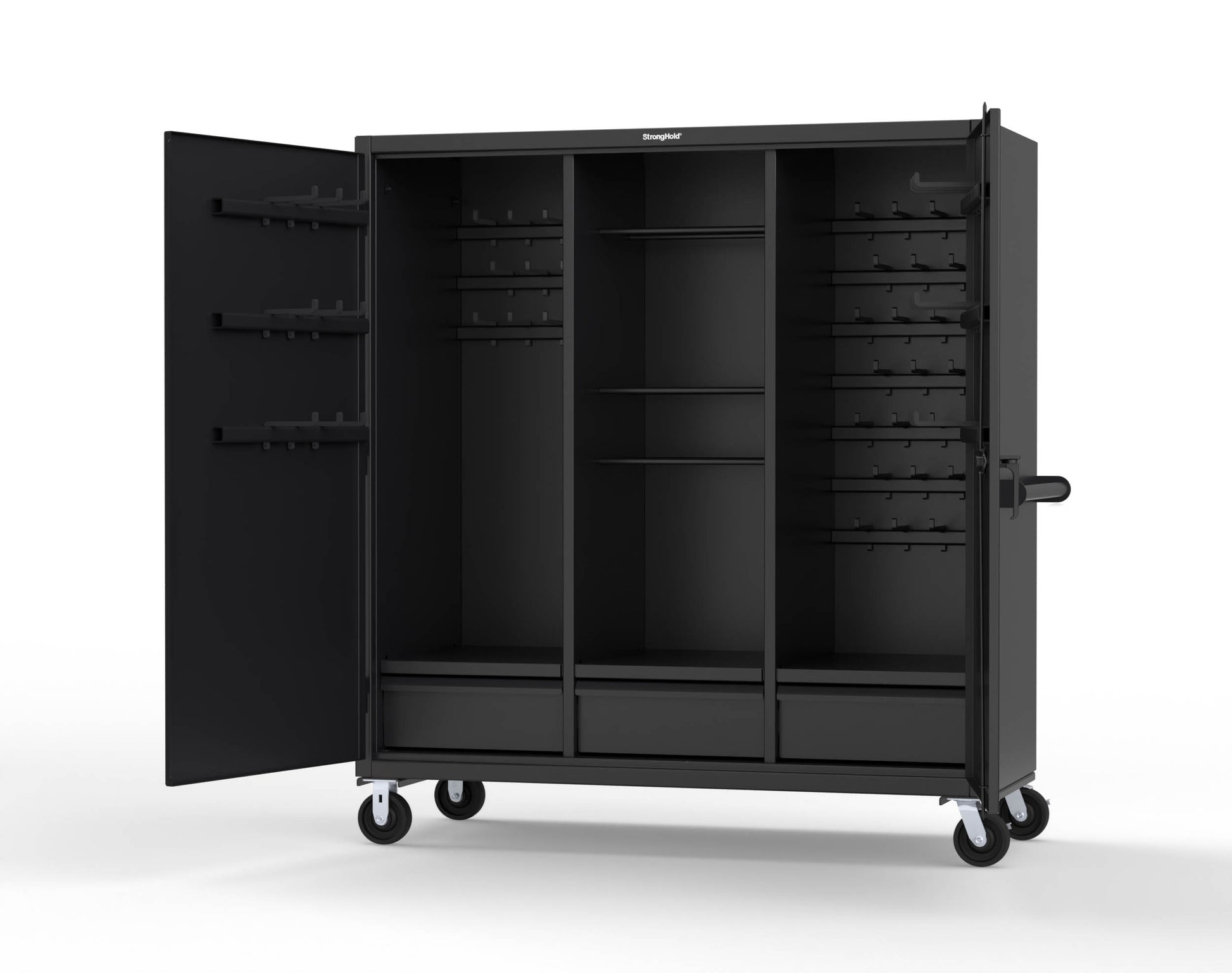Extreme Duty 12 GA Mobile Rigging Cabinet with Welded Hooks, 3 Drawers, Hanger Rods - 72 in. W x 30 in. D x 80 in. H - 66-303-3DB-RODS-HKS-CA-9005