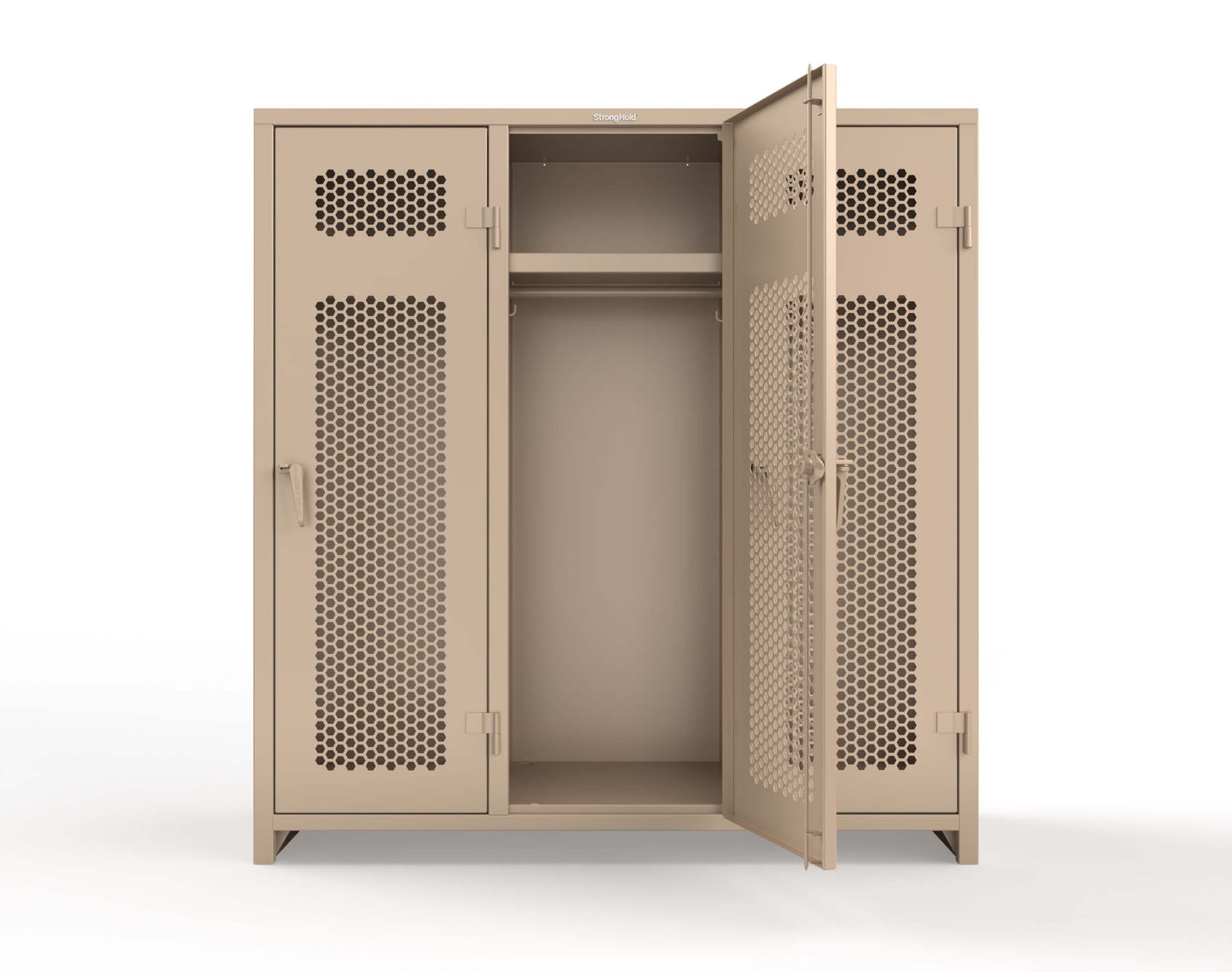 Extra Heavy Duty 14 GA Ventilated Single-Tier Locker with Shelf and Hanger Rod, 3 Compartments - 72 in. W x 24 in. D x 75 in. H - 66-3H-24-1T-L-1019