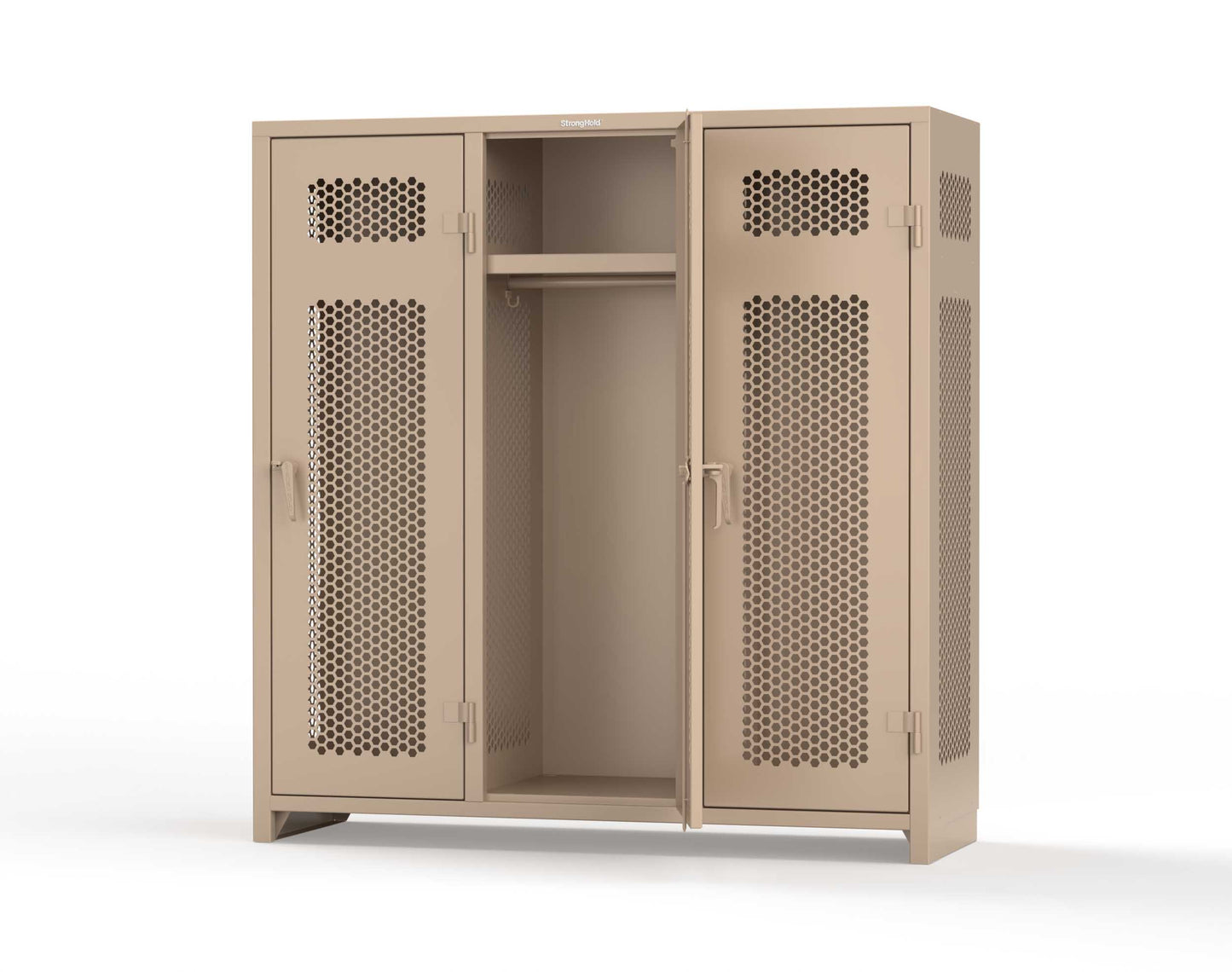 Extra Heavy Duty 14 GA Ventilated Single-Tier Locker with Shelf and Hanger Rod, 3 Compartments - 72 in. W x 24 in. D x 75 in. H - 66-3H-24-1T-L-1019