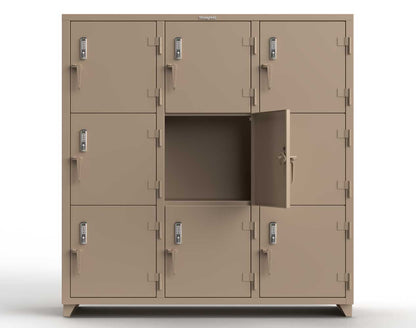 Extra Heavy Duty 14 GA Triple-Tier Locker with Keyless Entry Lock, 9 Compartments � 72 in. W x 24 in. D x 75 in. H