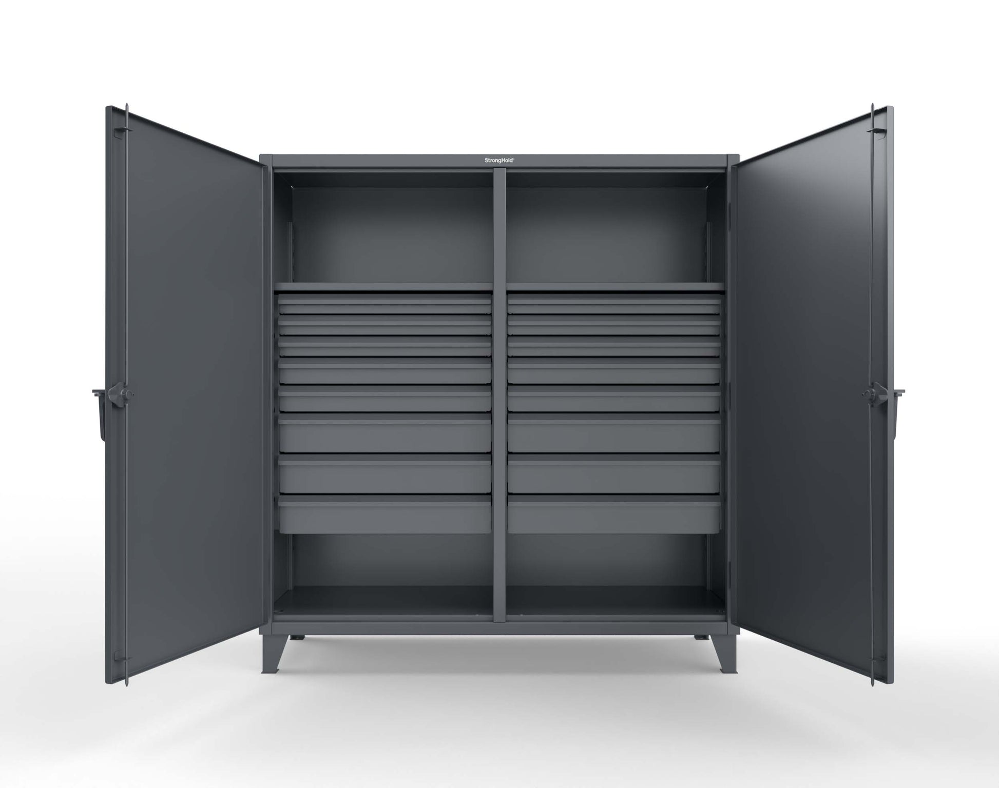 Extreme Duty 12 GA Double Shift Cabinet with 16 Drawers, 2 Shelves - 72 In. W x 24 In. D x 78 In. H - 66-DS-242-16DB-7024