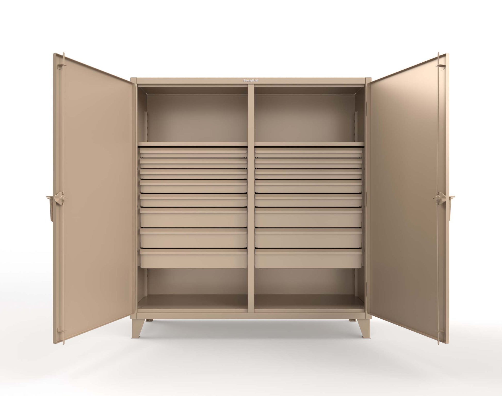 Extreme Duty 12 GA Double Shift Cabinet with 16 Drawers, 2 Shelves - 72 In. W x 24 In. D x 78 In. H - 66-DS-242-16DB-1019