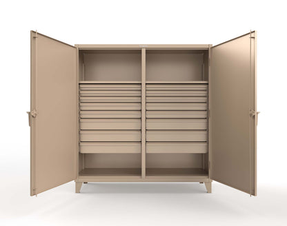 Extreme Duty 12 GA Double Shift Cabinet with 16 Drawers, 2 Shelves - 72 In. W x 24 In. D x 78 In. H - 66-DS-242-16DB-1019