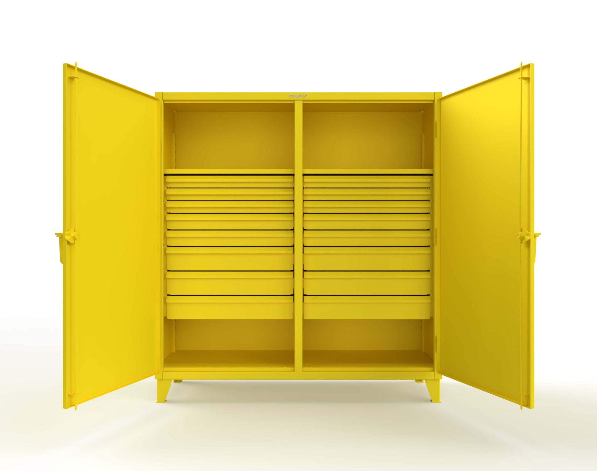 Extreme Duty 12 GA Double Shift Cabinet with 16 Drawers, 2 Shelves - 72 In. W x 24 In. D x 78 In. H - 66-DS-242-16DB-1021