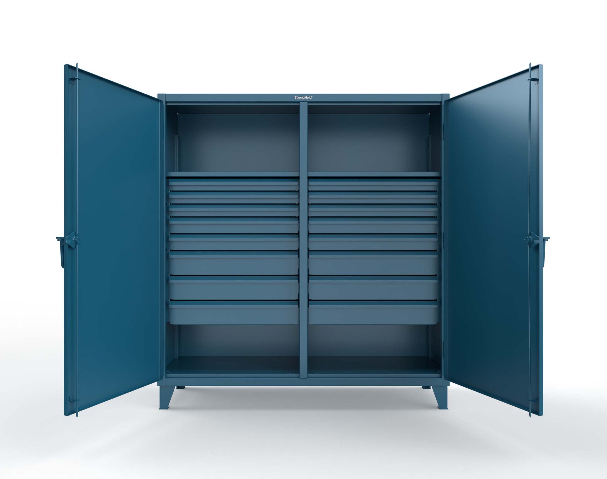Extreme Duty 12 GA Double Shift Cabinet with 16 Drawers, 2 Shelves - 72 In. W x 24 In. D x 78 In. H - 66-DS-242-16DB-5001