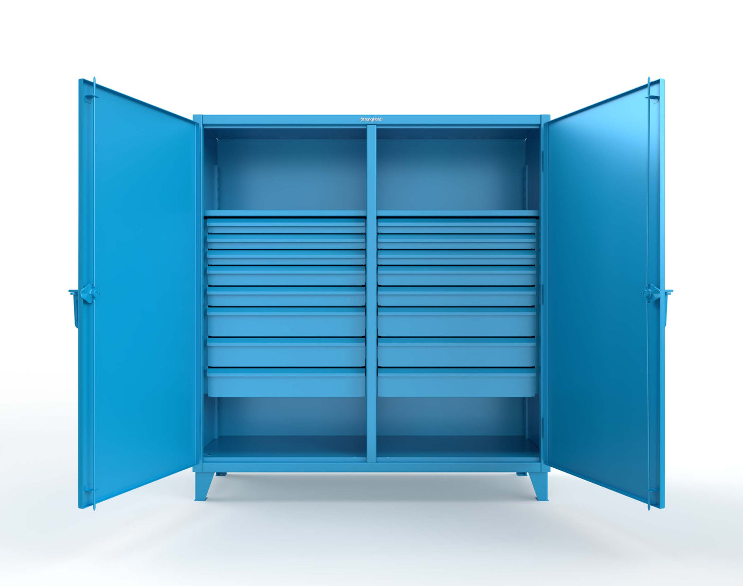 Extreme Duty 12 GA Double Shift Cabinet with 16 Drawers, 2 Shelves - 72 In. W x 24 In. D x 78 In. H - 66-DS-242-16DB-5012