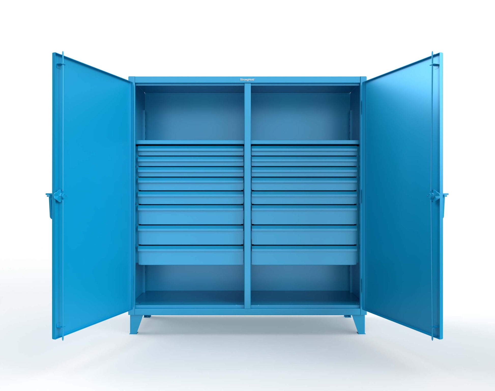 Extreme Duty 12 GA Double Shift Cabinet with 16 Drawers, 2 Shelves - 72 In. W x 24 In. D x 78 In. H - 66-DS-242-16DB-5012