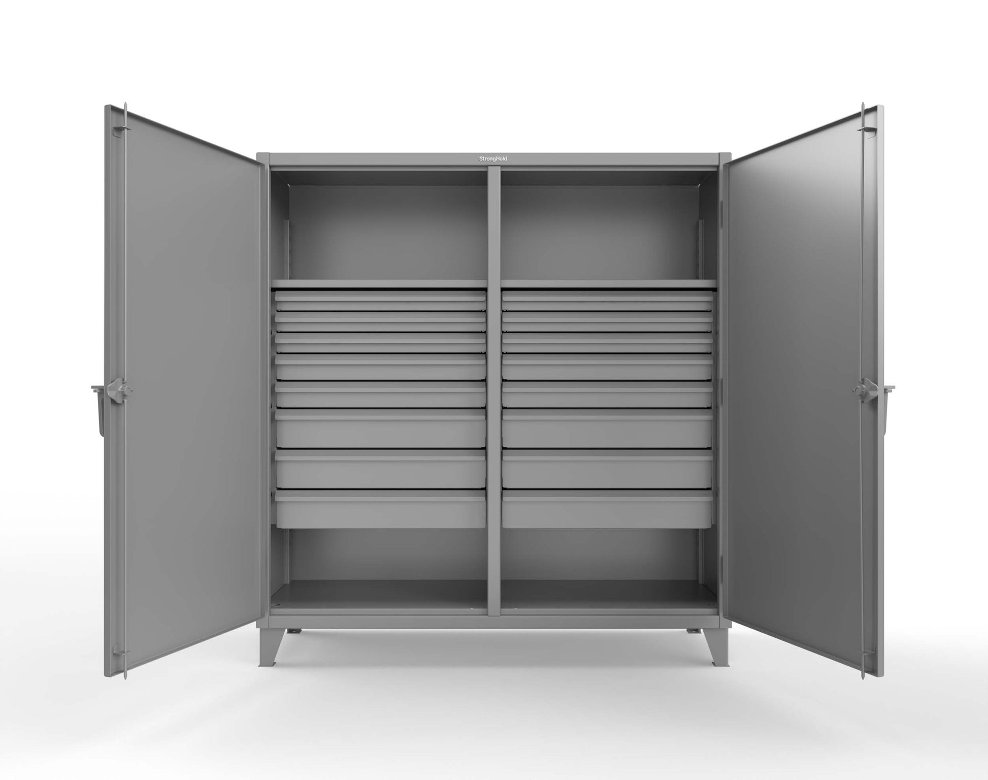 Extreme Duty 12 GA Double Shift Cabinet with 16 Drawers, 2 Shelves - 72 In. W x 24 In. D x 78 In. H - 66-DS-242-16DB-7037