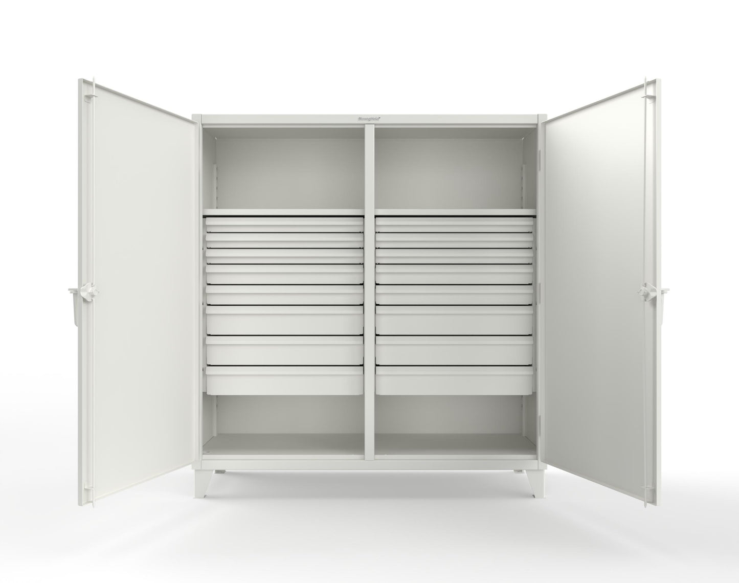 Extreme Duty 12 GA Double Shift Cabinet with 16 Drawers, 2 Shelves - 72 In. W x 24 In. D x 78 In. H - 66-DS-242-16DB-9003