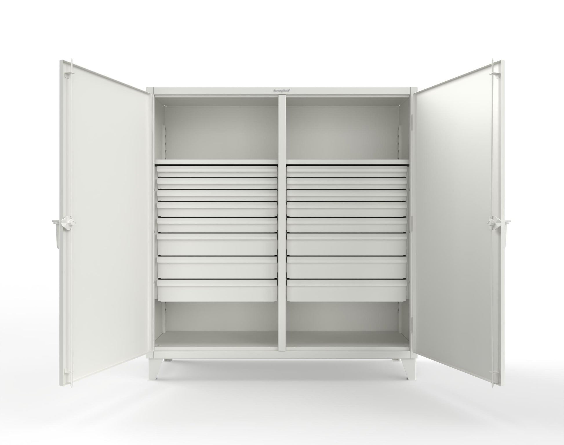 Extreme Duty 12 GA Double Shift Cabinet with 16 Drawers, 2 Shelves - 72 In. W x 24 In. D x 78 In. H - 66-DS-242-16DB-9003