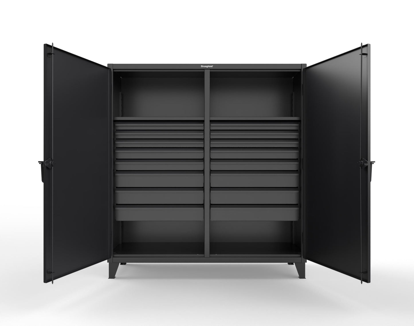 Extreme Duty 12 GA Double Shift Cabinet with 16 Drawers, 2 Shelves - 72 In. W x 24 In. D x 78 In. H - 66-DS-242-16DB-9005