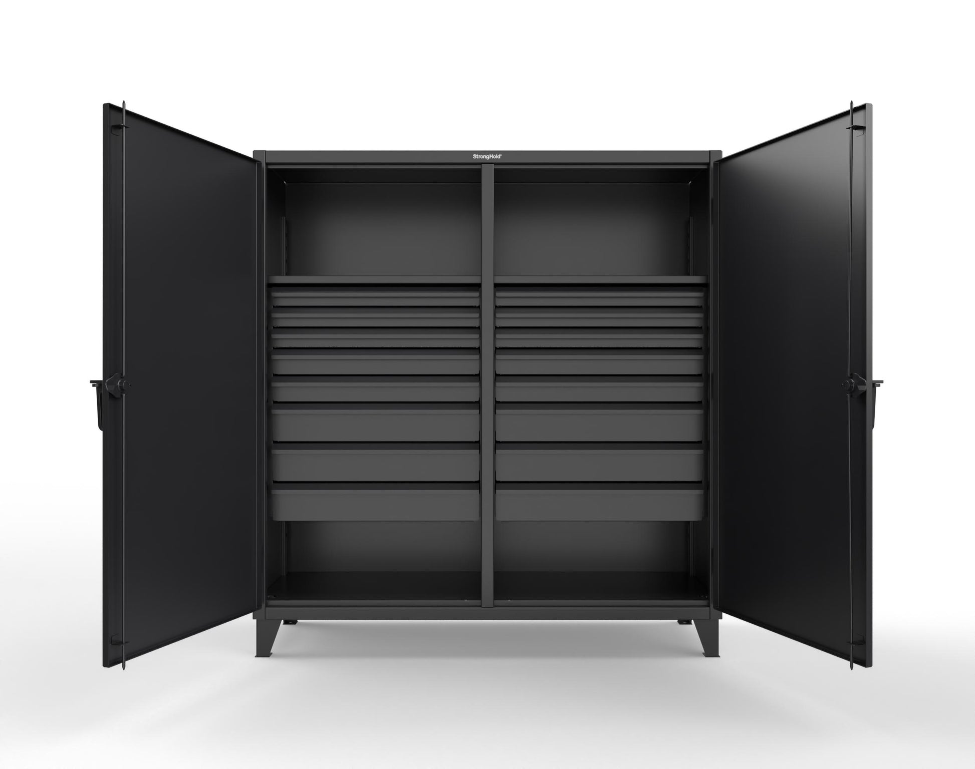 Extreme Duty 12 GA Double Shift Cabinet with 16 Drawers, 2 Shelves - 72 In. W x 24 In. D x 78 In. H - 66-DS-242-16DB-9005