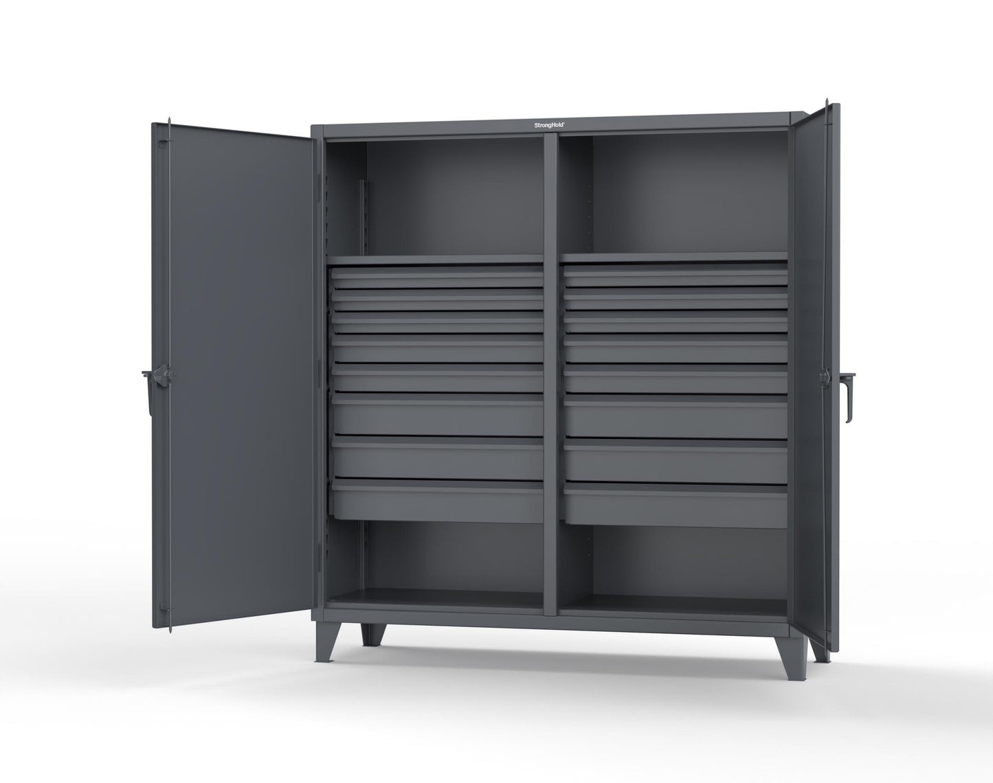 Extreme Duty 12 GA Double Shift Cabinet with 16 Drawers, 2 Shelves - 72 In. W x 24 In. D x 78 In. H - 66-DS-242-16DB-7024