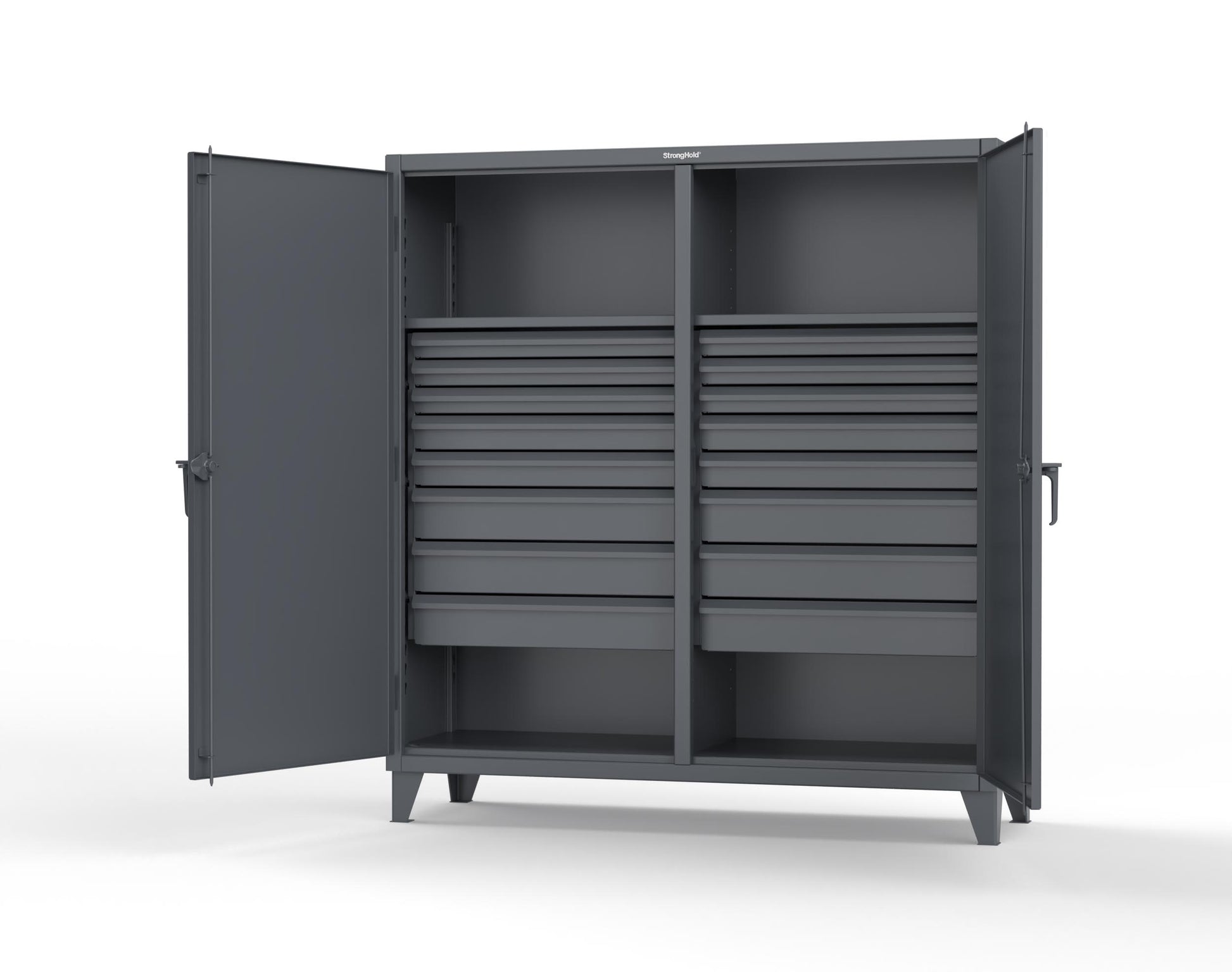 Extreme Duty 12 GA Double Shift Cabinet with 16 Drawers, 2 Shelves - 72 In. W x 24 In. D x 78 In. H - 66-DS-242-16DB-7024