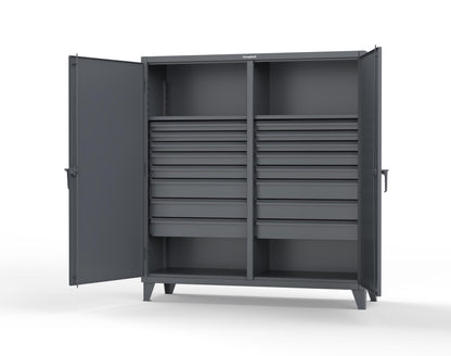 Extreme Duty 12 GA Double Shift Cabinet with 16 Drawers, 2 Shelves - 72 In. W x 24 In. D x 78 In. H - 66-DS-242-16DB-7024