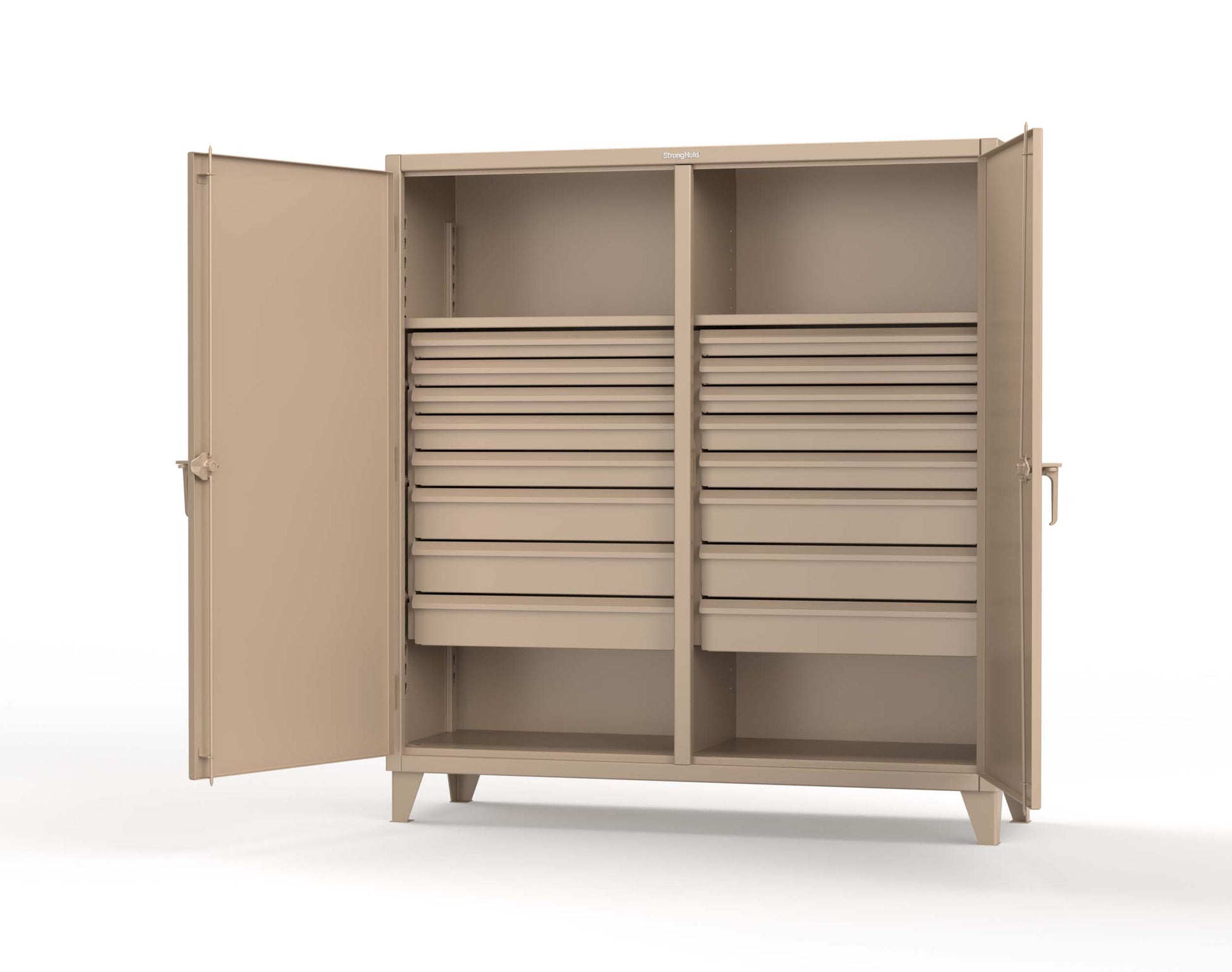 Extreme Duty 12 GA Double Shift Cabinet with 16 Drawers, 2 Shelves - 72 In. W x 24 In. D x 78 In. H - 66-DS-242-16DB-1019