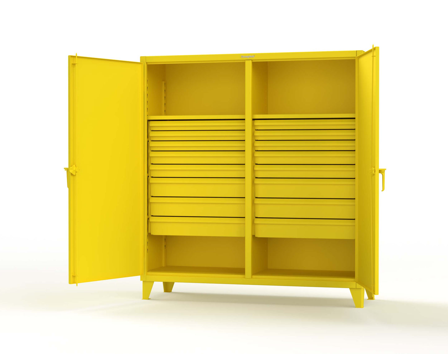 Extreme Duty 12 GA Double Shift Cabinet with 16 Drawers, 2 Shelves - 72 In. W x 24 In. D x 78 In. H - 66-DS-242-16DB-1021