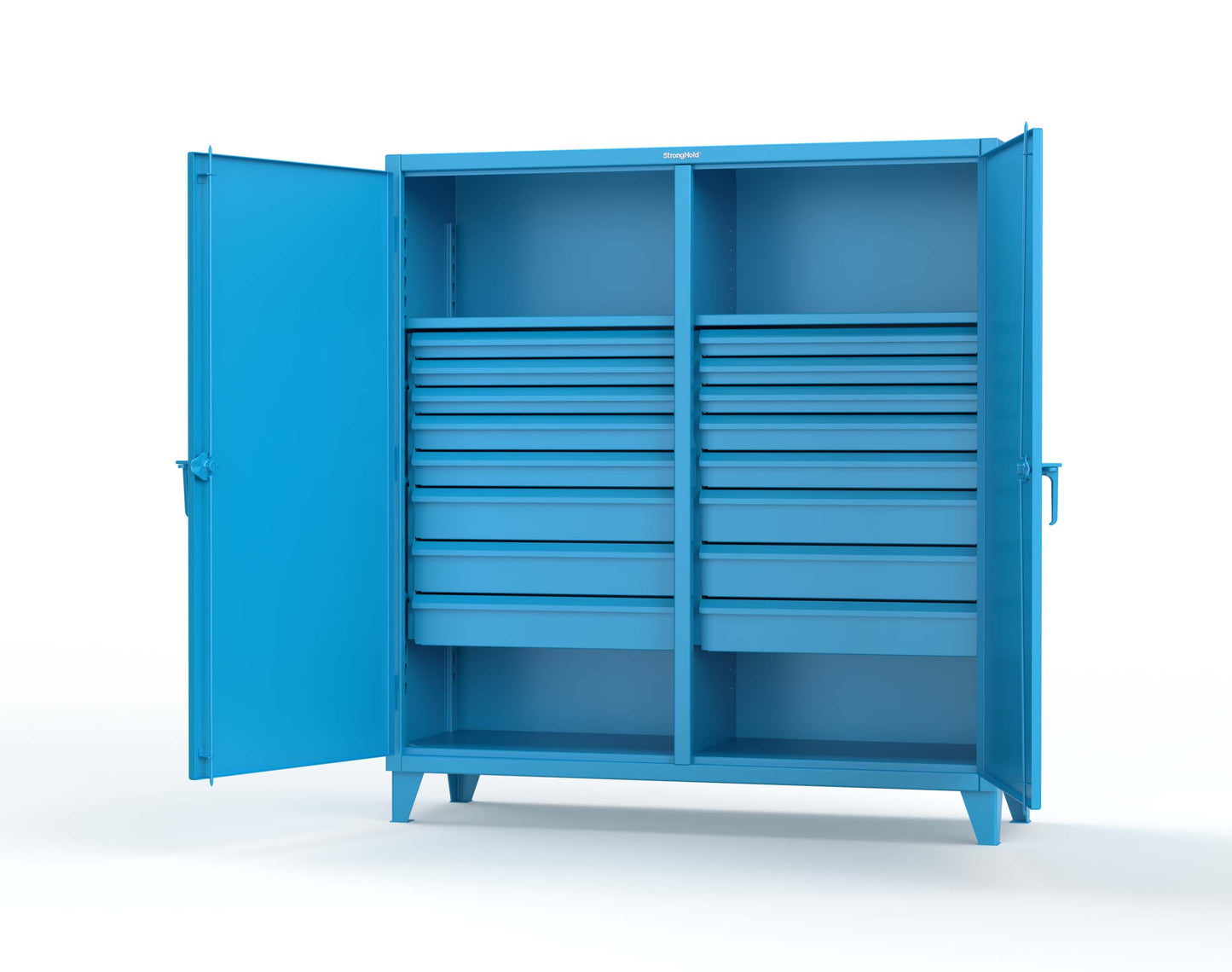 Extreme Duty 12 GA Double Shift Cabinet with 16 Drawers, 2 Shelves - 72 In. W x 24 In. D x 78 In. H - 66-DS-242-16DB-5012