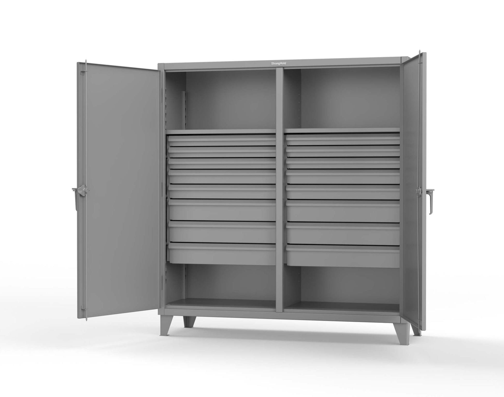 Extreme Duty 12 GA Double Shift Cabinet with 16 Drawers, 2 Shelves - 72 In. W x 24 In. D x 78 In. H - 66-DS-242-16DB-7037
