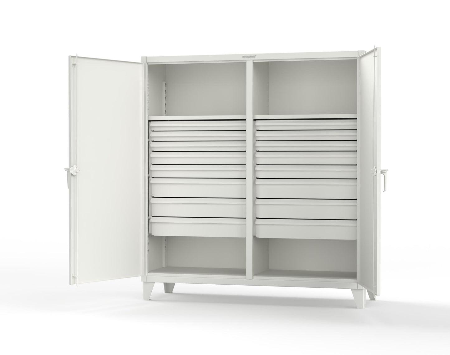 Extreme Duty 12 GA Double Shift Cabinet with 16 Drawers, 2 Shelves - 72 In. W x 24 In. D x 78 In. H - 66-DS-242-16DB-9003