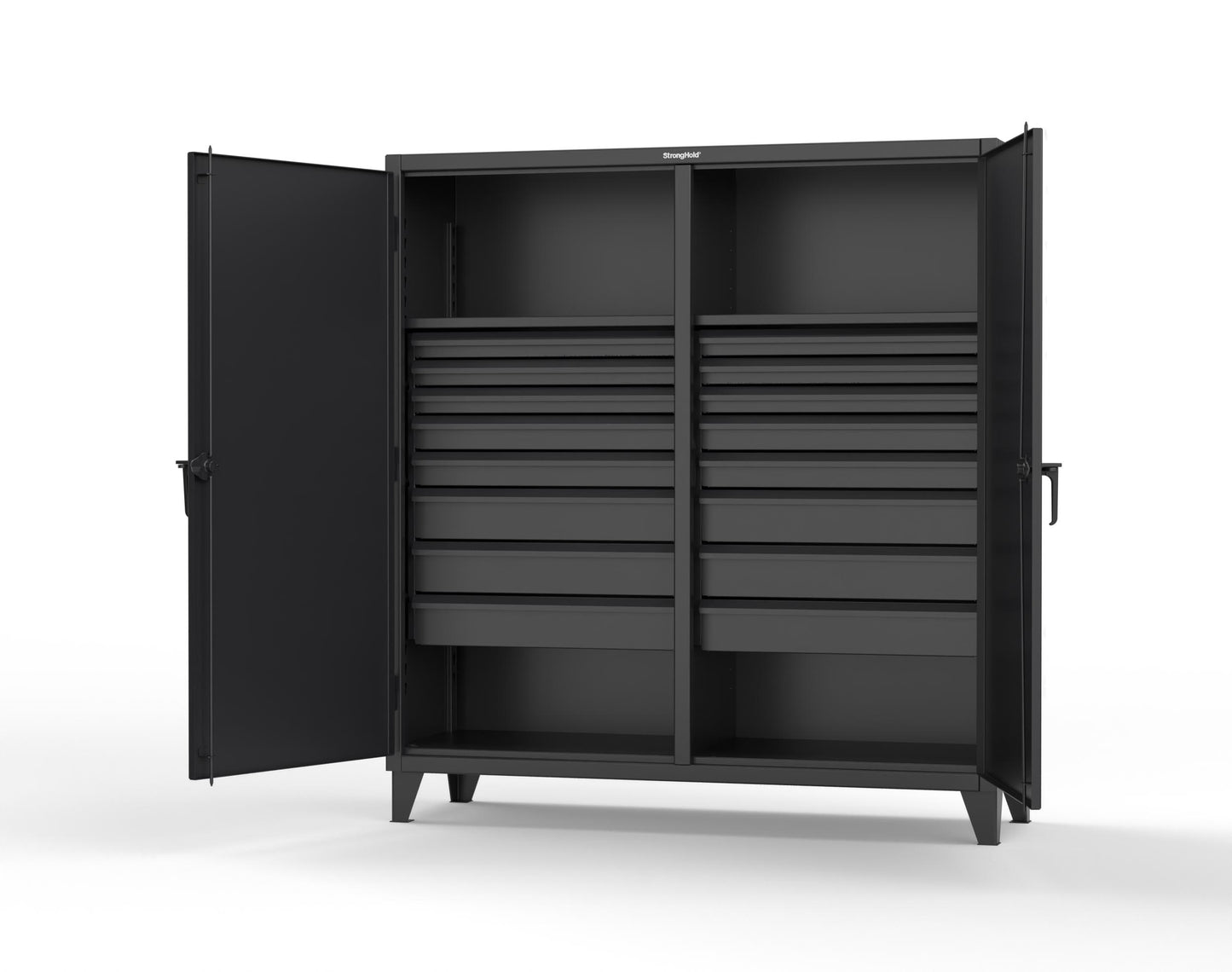 Extreme Duty 12 GA Double Shift Cabinet with 16 Drawers, 2 Shelves - 72 In. W x 24 In. D x 78 In. H - 66-DS-242-16DB-9005
