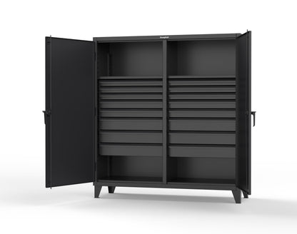 Extreme Duty 12 GA Double Shift Cabinet with 16 Drawers, 2 Shelves - 72 In. W x 24 In. D x 78 In. H - 66-DS-242-16DB-9005