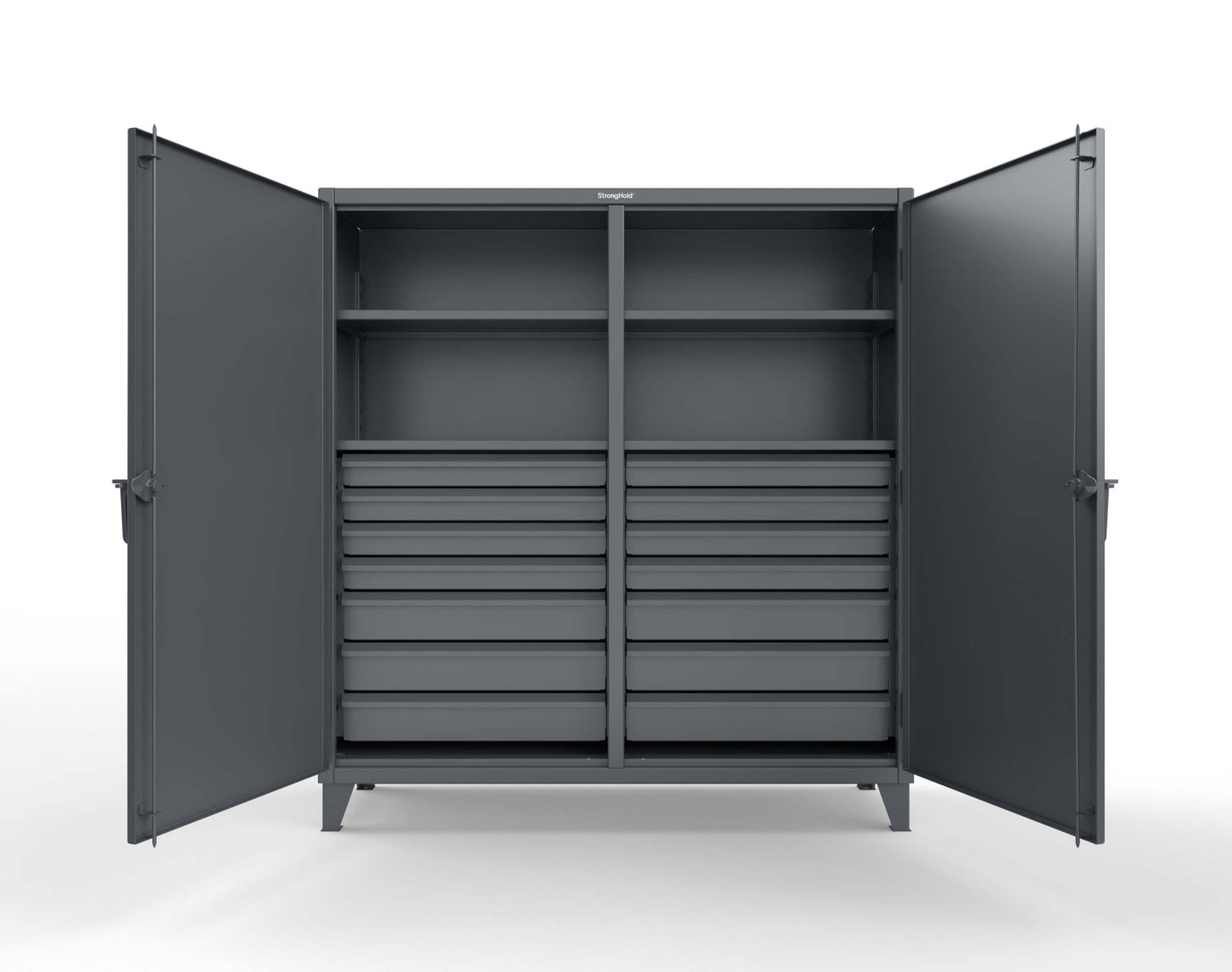Extreme Duty 12 GA Double Shift Cabinet with 14 Drawers, 4 Shelves - 72 In. W x 24 In. D x 78 In. H - 66-DS-244-14DB-7024