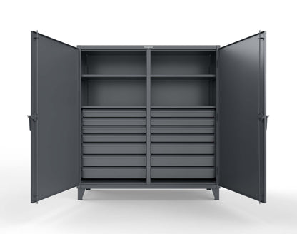 Extreme Duty 12 GA Double Shift Cabinet with 14 Drawers, 4 Shelves - 72 In. W x 24 In. D x 78 In. H - 66-DS-244-14DB-7024