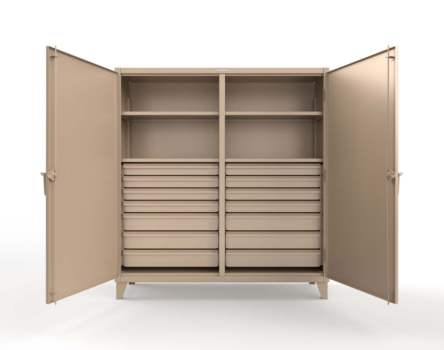 Extreme Duty 12 GA Double Shift Cabinet with 14 Drawers, 4 Shelves - 72 In. W x 24 In. D x 78 In. H - 66-DS-244-14DB-1019