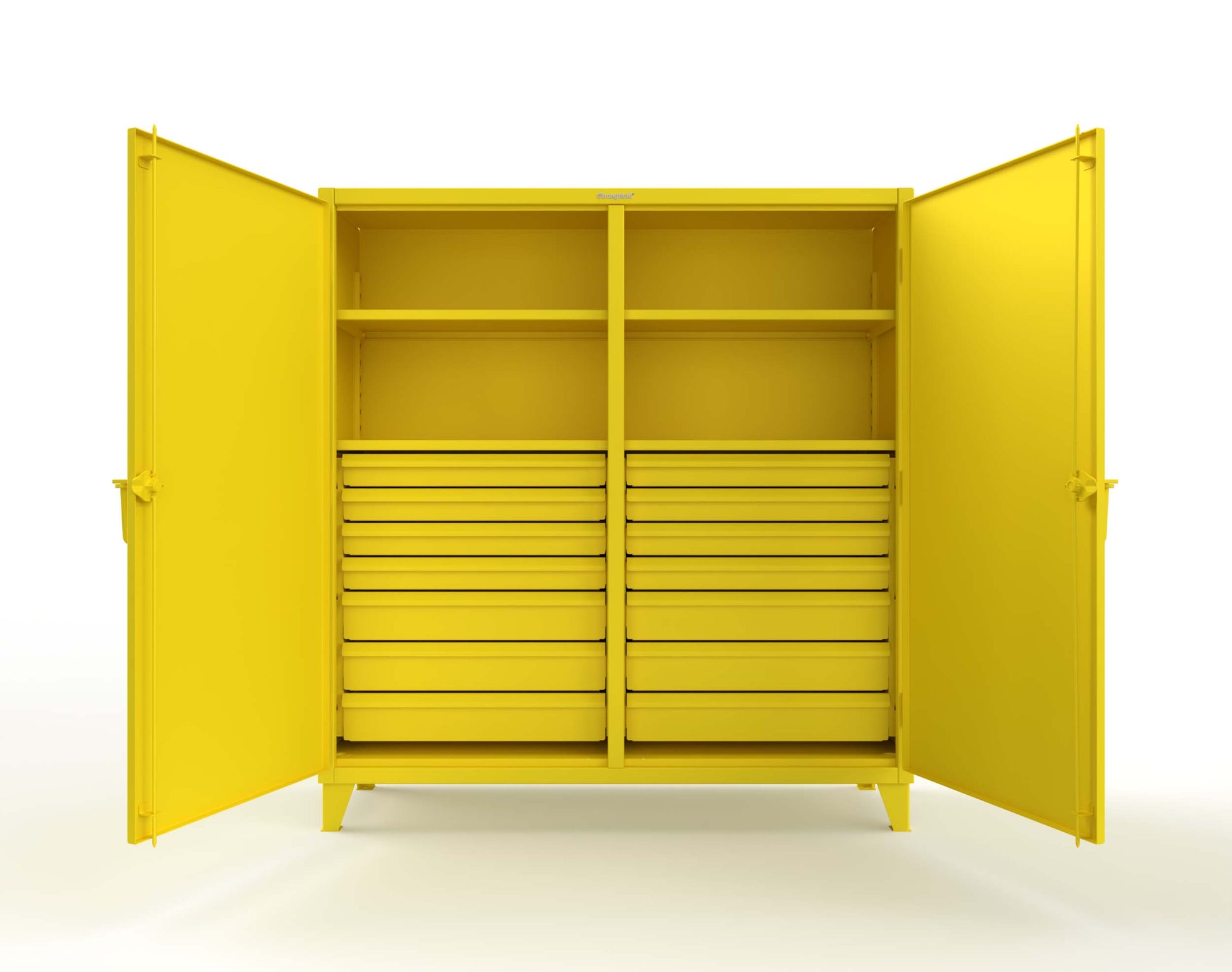 Extreme Duty 12 GA Double Shift Cabinet with 14 Drawers, 4 Shelves - 72 In. W x 24 In. D x 78 In. H - 66-DS-244-14DB-1021