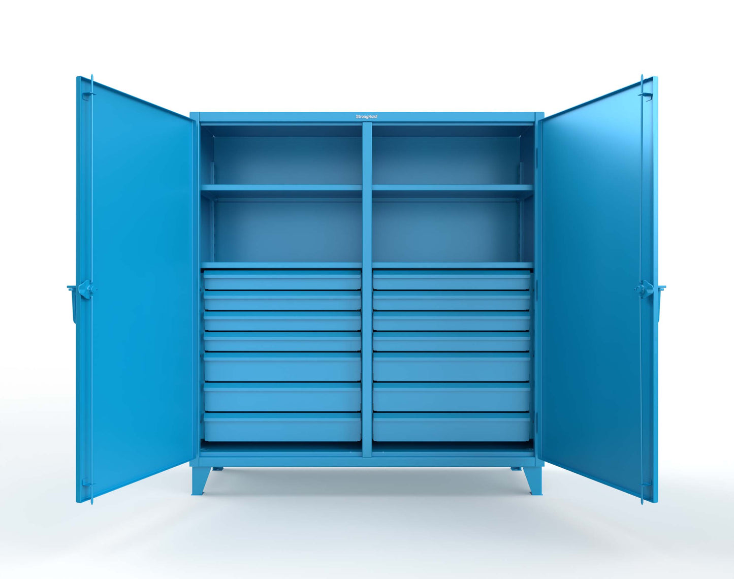 Extreme Duty 12 GA Double Shift Cabinet with 14 Drawers, 4 Shelves - 72 In. W x 24 In. D x 78 In. H - 66-DS-244-14DB-5012