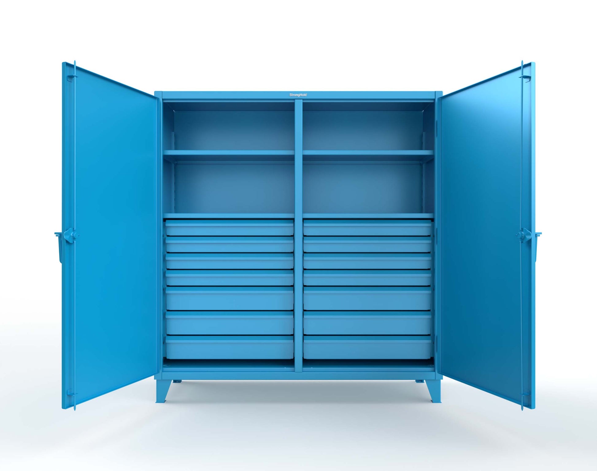 Extreme Duty 12 GA Double Shift Cabinet with 14 Drawers, 4 Shelves - 72 In. W x 24 In. D x 78 In. H - 66-DS-244-14DB-5012