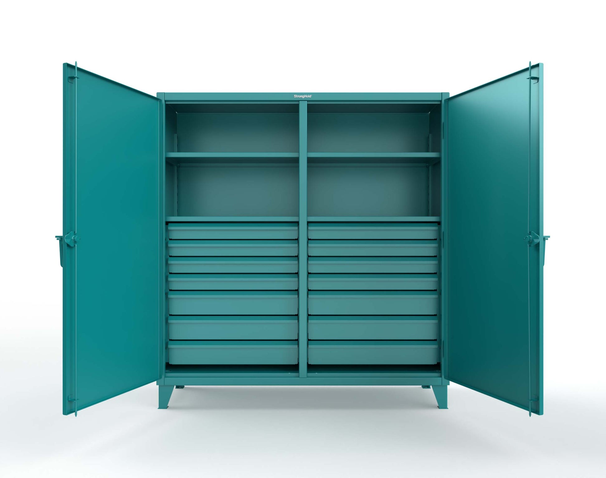 Extreme Duty 12 GA Double Shift Cabinet with 14 Drawers, 4 Shelves - 72 In. W x 24 In. D x 78 In. H - 66-DS-244-14DB-5021