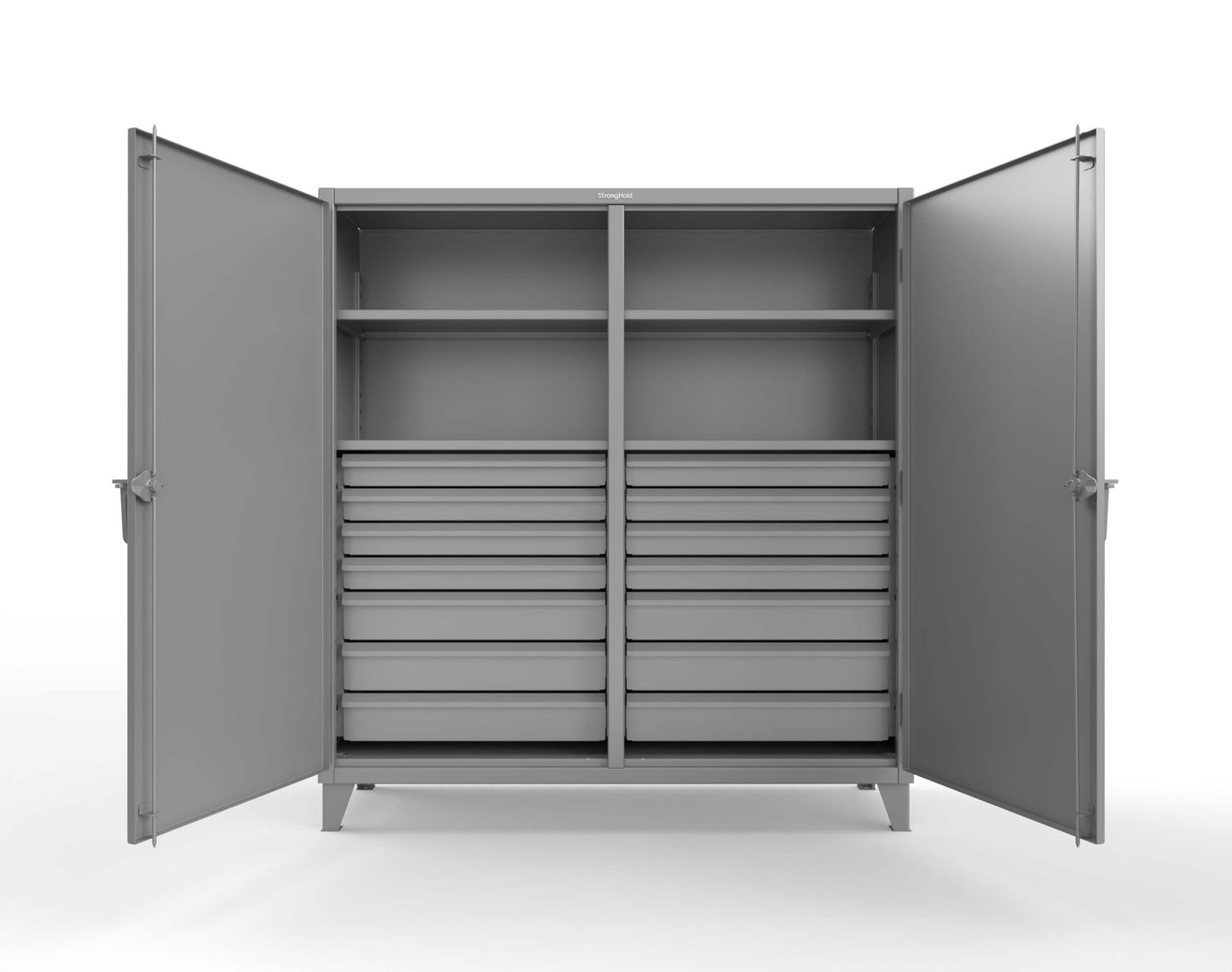 Extreme Duty 12 GA Double Shift Cabinet with 14 Drawers, 4 Shelves - 72 In. W x 24 In. D x 78 In. H - 66-DS-244-14DB-7037