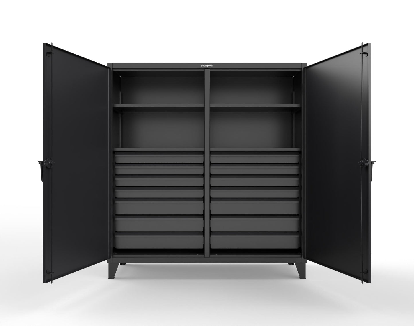 Extreme Duty 12 GA Double Shift Cabinet with 14 Drawers, 4 Shelves - 72 In. W x 24 In. D x 78 In. H - 66-DS-244-14DB-9005