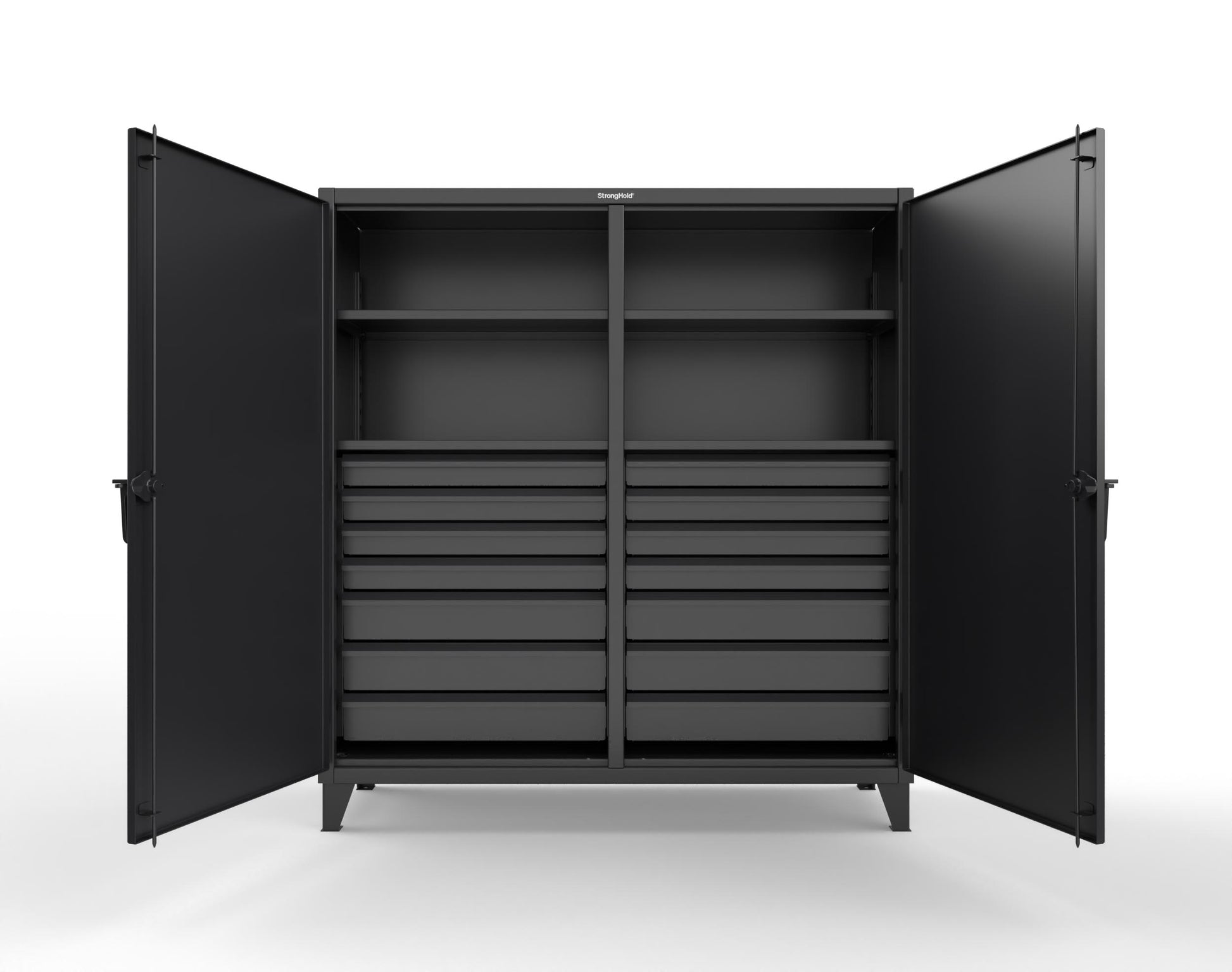 Extreme Duty 12 GA Double Shift Cabinet with 14 Drawers, 4 Shelves - 72 In. W x 24 In. D x 78 In. H - 66-DS-244-14DB-9005