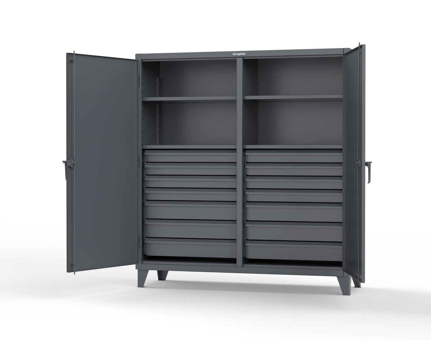 Extreme Duty 12 GA Double Shift Cabinet with 14 Drawers, 4 Shelves - 72 In. W x 24 In. D x 78 In. H - 66-DS-244-14DB-7024