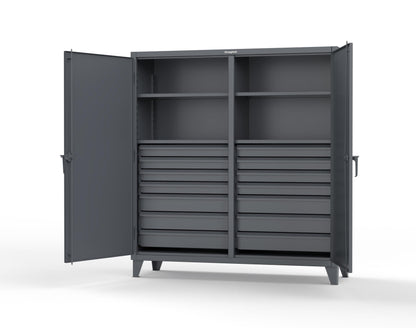 Extreme Duty 12 GA Double Shift Cabinet with 14 Drawers, 4 Shelves - 72 In. W x 24 In. D x 78 In. H - 66-DS-244-14DB-7024