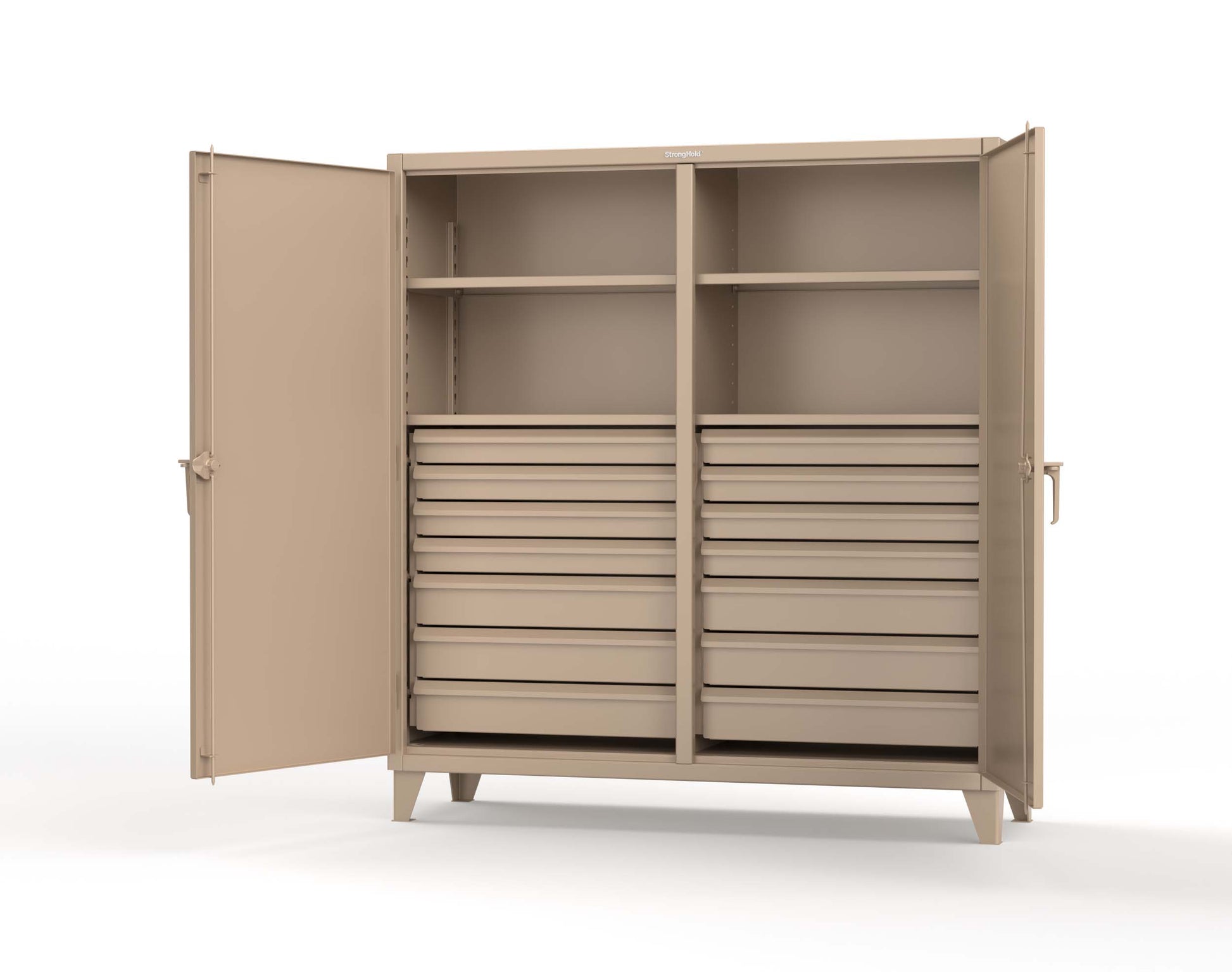 Extreme Duty 12 GA Double Shift Cabinet with 14 Drawers, 4 Shelves - 72 In. W x 24 In. D x 78 In. H - 66-DS-244-14DB-1019